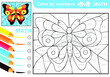 © Jo_Ana - Color by numbers - addition and subtraction worksheet for education. Coloring book. Solve examples and paint butterfly in sky. Math exercises worksheet. Developing counting learn. Print for kids