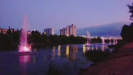 Canvas Print - Bright illumination of Rusanivsky Fountains, Kyiv, Ukraine