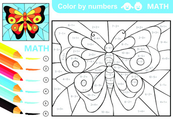 Color by numbers - addition and subtraction worksheet for education. Coloring book. Solve examples and paint butterfly in sky. Math exercises worksheet. Developing counting learn. Print for kids