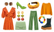 Beautiful women's clothing set isolated on white. Collage of modern  green orange clothes. Collection of girls apparel.