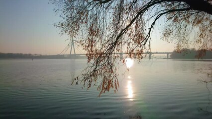 Sticker - Sun path on foggy Dnieper River, Kyiv, Ukraine