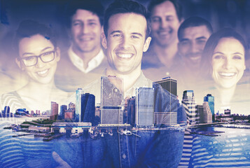 Poster - We stand together. Multiple exposure shot of a group of happy coworkers superimposed on an urban landscape.
