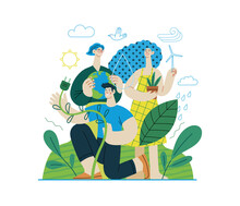 Ecology - Go Green -Modern Flat Vector Concept Illustration Of Ecology Metaphor, People Surrounded By Natural Ecological And Renewable Energy Symbols. Creative Landing Web Page Illustartion