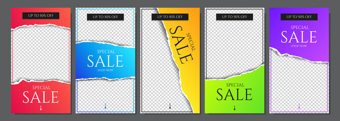 Wall Mural - vector illustration. torn paper effect on transparent background. color gradient banner collection. 