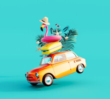 Funny Orange Retro Car With Summer Vacation Accessory On Turquoise Blue Background 3D Rendering, 3D Illustration