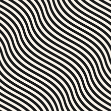 Simple Black And White Curved Wavy Lines Pattern. Vector Seamless Texture With Diagonal Waves, Stripes. Modern Abstract Monochrome Background, Optical Illusion Effect. Repeat Design For Decor, Fabric