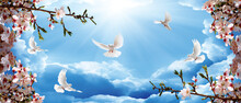 Beautiful Blooming Flowers And Flying Doves In A Sunny Sky