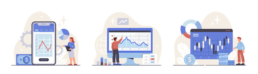 Set of people analyzing finances. Men and women invest money in stock market, study profit statistics, graph and chart. Rich Entrepreneurs. Cartoon flat vector collection isolated on white background