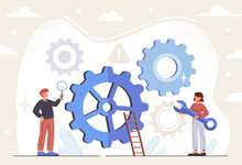 Technical Support Service. Man And Woman With Tools And Wrench Troubleshooting, Repairing Breakdowns And Solving Problems With Equipment. Settings And Improvements. Cartoon Flat Vector Illustration
