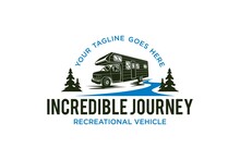 Recreational Vehicle Logo Design Holiday Journey Traveler River Lake Scene Car Trailer