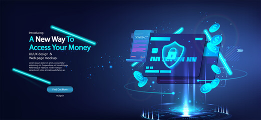 Aufkleber - Banking credit card and a futuristic hologram with a contract. Modern banking management with high level security. Credit, debit banking card for online payment, money transfers, protection. Vector