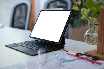 Wall Mural - Cropped shot of worktable with mock up two laptop, stationery and supplies in co working space