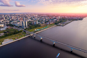 Wall Mural - Aerial top view panorama city Perm and Kama river Russia, sunset drone photo