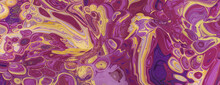 Luxurious Marbling Banner. Liquid Swirls In Beautiful Purple And Yellow Colors, With Gold Glitter.