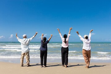 portrait back view group of seniors man and women with arms raised on the beach