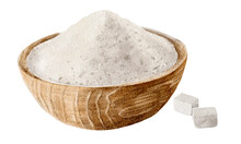 Salt Or Sugar In A Wooden Bowl Painted In Watercolor. Spices On A White Background. Kitchenware.