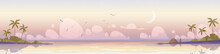 Tropical Sea Landscape With Palm Trees On Shore In Early Morning. Vector Cartoon Illustration Of Seascape Panorama, Ocean Lagoon Or Harbor, Sand Beach, Flying Birds And Moon In Sky