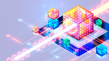 Leinwandbilder - Abstraction concept of Quantum computer. The beam of digital signal passes through qubit in core optical CPU. tech background. Futuristic hardware technology of Quantum computing architecture.