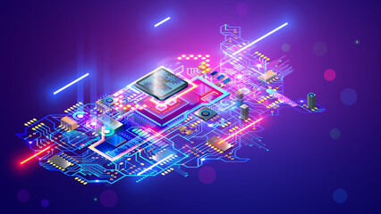 Poster - Map USA or America technology conceptual banner. Circuit United States of America as a electronic printed circuit Board with Chip or CPU processor. USA tech background. Microelectronics industry.