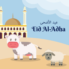 Wall Mural - flat eid al adha illustration in desert with mosque and cute cow and sheep