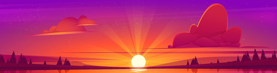 Wall Mural - Lake, clouds on red sky, trees silhouettes on coast and sun on horizon. Vector cartoon illustration of nature panorama, landscape with coniferous forest on river shore in evening