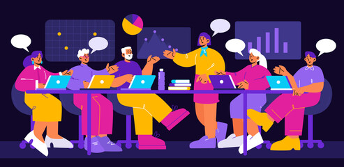 Poster - Analytics team work with data on dashboard and laptops. Vector flat illustration of teamwork, business analysis with employees in office and graphs on wall isolated on black background