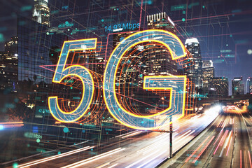 Aufkleber - 5G network internet mobile wireless business concept with bright digital symbols and speed indicators on illuminated night megapolis city background, double exposure