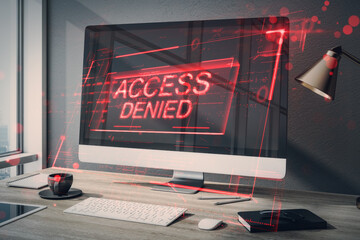 Poster - Close up of computer on desktop with abstract red denied access hologram. Connection and crime concept. Double exposure.