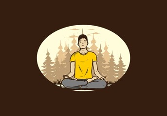 Wall Mural - illustration of a someone doing yoga and meditating outdoors in a forest in nature among pine trees