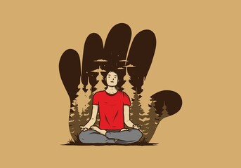 Wall Mural - illustration of a someone doing yoga and meditating outdoors in a forest in nature among pine trees