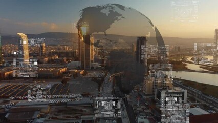 Business data analytic interface fly over smart city showing alteration future of business intelligence. Computer software and artificial intelligence are used to analyze big data for strategic plan
