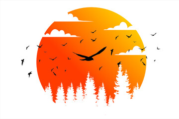 Wall Mural - Silhouette of a flying bird. Sunset in the pine forest