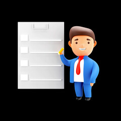 Sticker - 3D Render Of Businessman Editing List On Black Background.