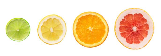 Citrus fruits slices isolated on white background. Variety fresh citrus cut in round slices.