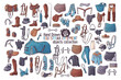 Big collection equestrian equipment. Horse ammunition and rider clothing for backgrounds, wallpapers, textile, postcards, t-shirt prints. Set elements for horses. Vector hand drawn style illustration.