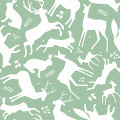 Wall Mural - Seamless pattern with silhouettes of wild forest animals, leaves. Natural ornament with hares, foxes, deer. Vector graphics.