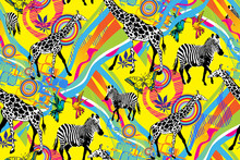 Giraffe And Zebra. Seamless Abstract Pattern. Fashion Textiles, Fabric, Packaging. 