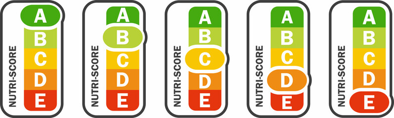 nutri-score vertical icons set. isolatad nutriscore stickers for packaging on white background. food