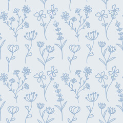 Wall Mural - blue floral vector pattern with hand drawn flower doodles