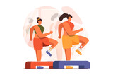 Fitness web concept in flat design. Women in sportswear do step aerobics and do cardio exercises with stepper platforms. Sportswomen training on equipment in gym. Illustration with people scene