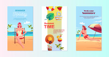 Summer Covers Set. Vector Illustration Card With Pin Up Women Chilling On The Beach. Summer Party. Cute Retro Templates Collection.