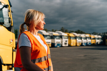 Wall Mural - Happy middle-aged woman smiling in front of yellow semi-truck vehicle 