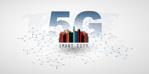 Poster - 5G Network Label with Skyscrapers, Cityscape and Network Mesh - Background High Speed Broadband Mobile Telecommunication and Wireless Internet Design, New Cutting Edge Global Mobile Technology Concept