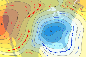 weather forecast map of usa. cold and warm fronts movement to america. template of climate map for s