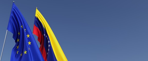 Flags of the European Union and Venezuela on flagpoles on sides. Flags on a blue background. Place for text. EU. Caracas. 3d illustration.