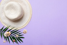 Summer Holidays. Summer Concept With Straw Hat And Tropical Leaf. Flat Lay, Top View, Copy Space