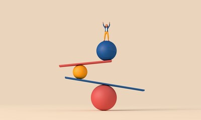 Aufkleber - A female character balancing on unstable shapes. 3D Rendering