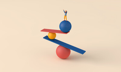 Aufkleber - A female character balancing on unstable shapes. 3D Rendering