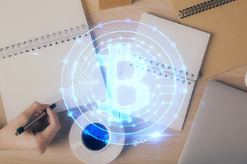 Aufkleber - Cryptocurrency hologram over woman's hands writing background. Concept of blockchain. Double exposure