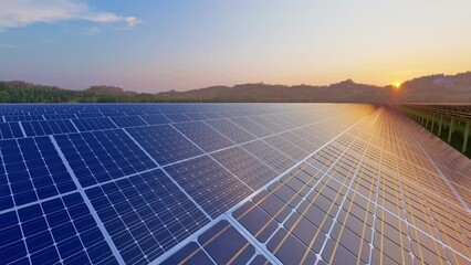 3d animation. solar panes in a solar park used for clean energy production. power plant using renewa